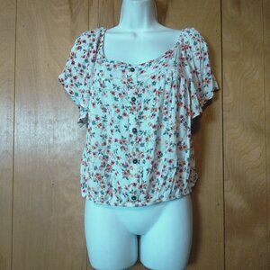 AriZona Jean Co Women's Large Floral Short Flutter Sleeve Crop Top Blouse